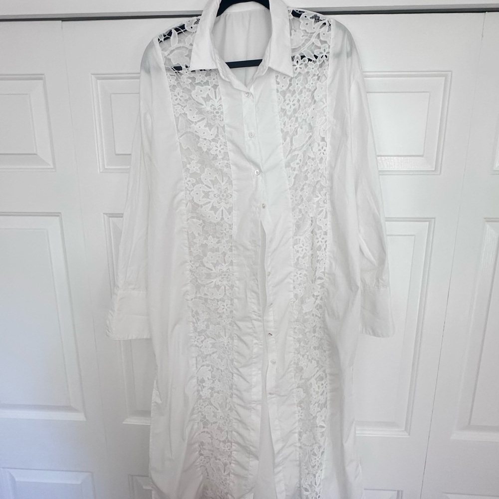 White Lace Button-Up Shirt Dress